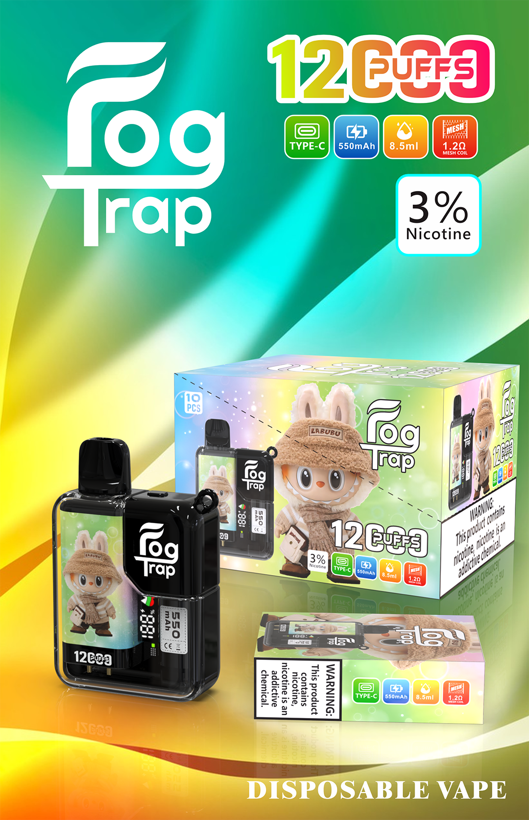 【買10送1】Fog Trap 限量聯名 蠟筆小新 × LABUBU 12000口長效主機 油電數位顯示屏 雙檔功率切換爆發口感 全台現貨秒發:圖片 4