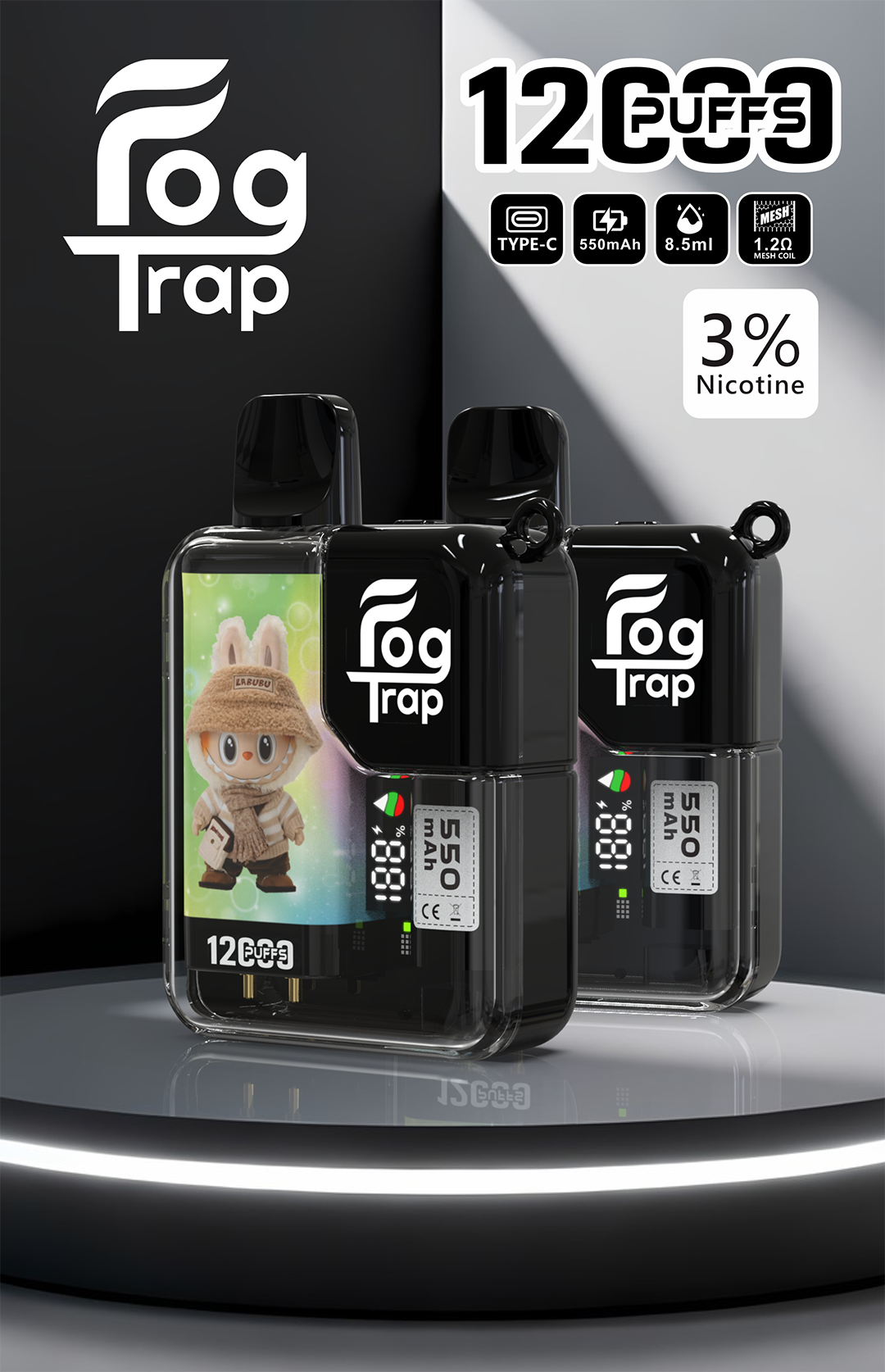 【買10送1】Fog Trap 限量聯名 蠟筆小新 × LABUBU 12000口長效主機 油電數位顯示屏 雙檔功率切換爆發口感 全台現貨秒發:圖片 3